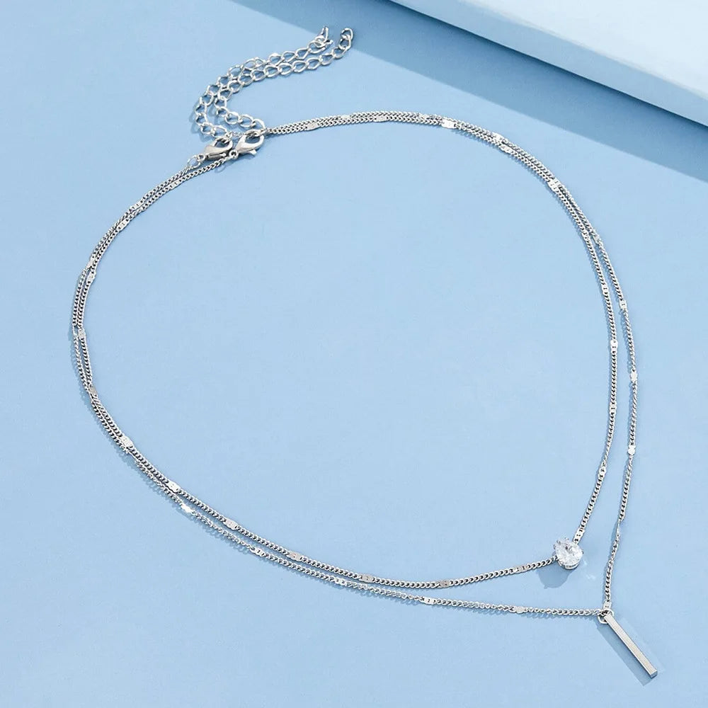Elegant Crystal Zircon Layered Necklace – Luxury Pendant Choker for Women