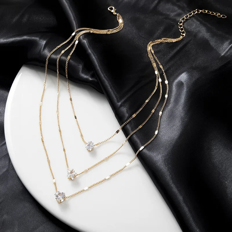 Elegant Crystal Zircon Layered Necklace – Luxury Pendant Choker for Women