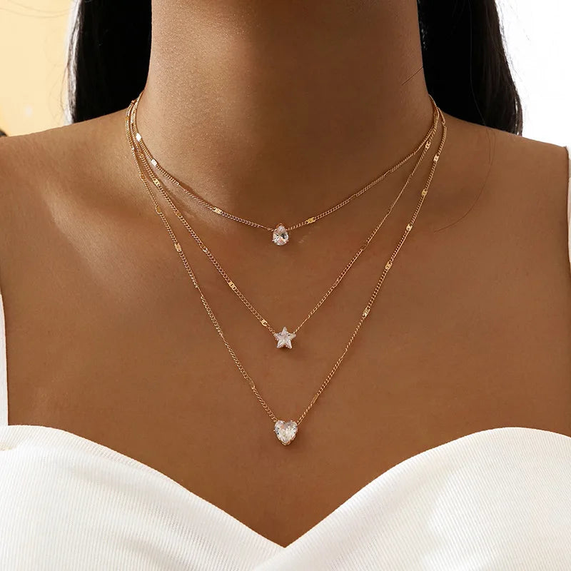 Elegant Crystal Zircon Layered Necklace – Luxury Pendant Choker for Women
